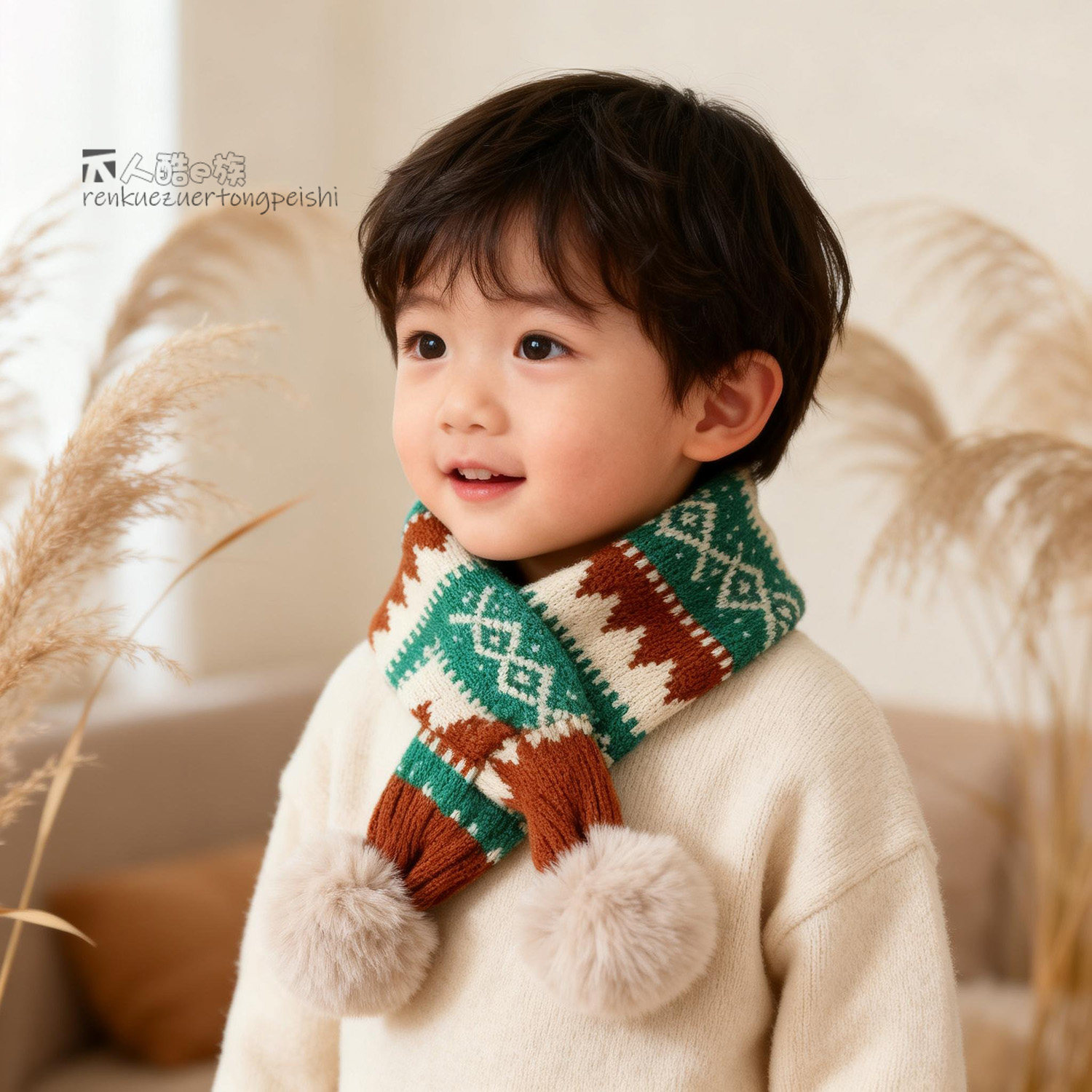 宝宝围巾秋冬新款费尔岛提花毛球球防风围脖格子儿童针织保暖脖套