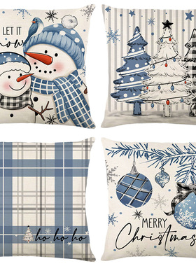 蓝色圣诞节抱枕套涤纶格子印花雪人装饰沙发靠枕套跨境家居靠垫