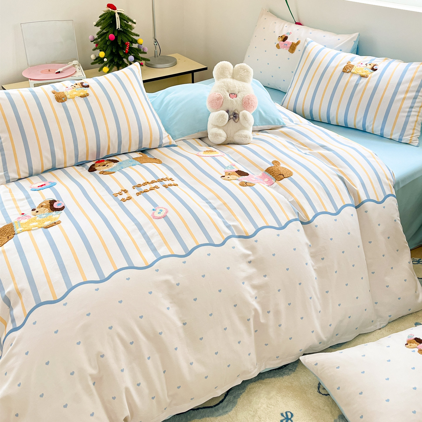 纯棉可爱卡通小狗毛巾绣被套四件套全棉宿舍大学生床上用品三件套