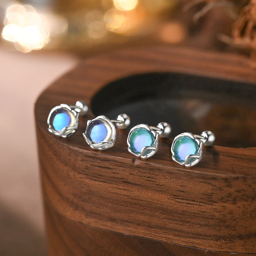 999纯银耳钉养耳洞耳饰女月光石耳环轻奢高级感海蓝宝耳骨钉足银