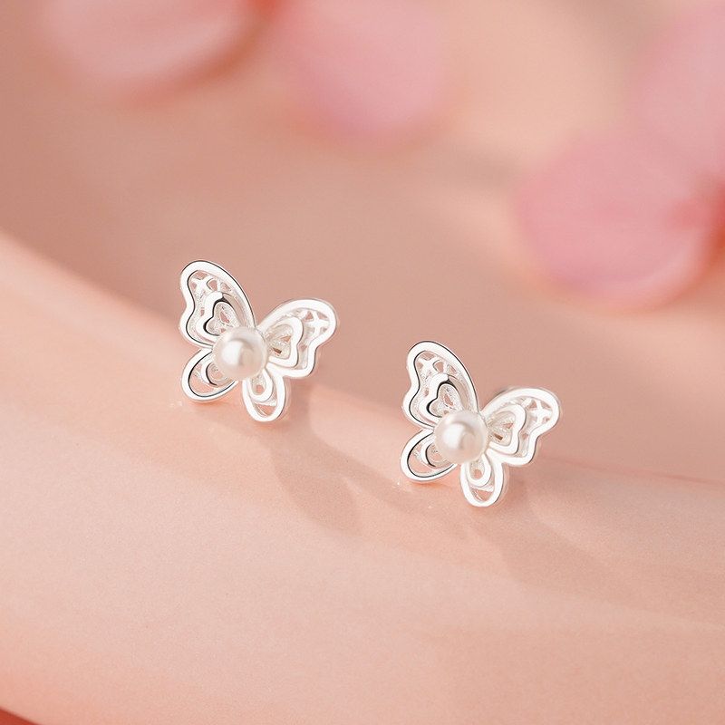 足银S999纯银蝴蝶珍珠螺丝耳钉精致韩版个性温柔森系设计感耳饰