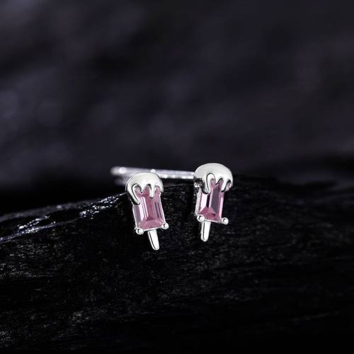 S999纯银足银耳钉粉色少女心锆石冰淇淋小众设计轻奢养耳洞银耳饰