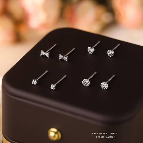 S999纯银微镶爱心耳钉精致小巧时尚小众设计感精致养耳洞耳骨钉女