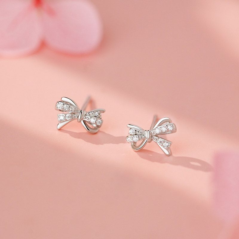 足银S999纯银清新甜美蝴蝶结耳钉女可爱文艺韩风韩式小众温柔耳饰