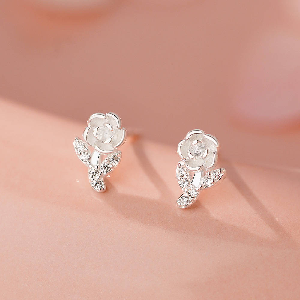 足银S999纯银森系田园风玫瑰花耳钉女甜美百搭小清新耳环耳饰品