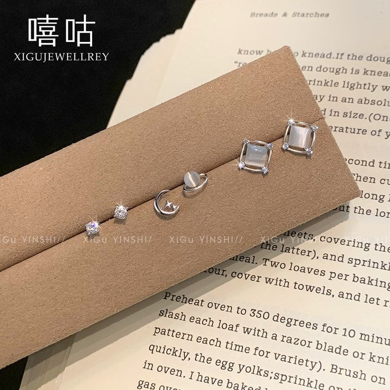 通体S999纯银养耳洞方块猫眼石星球耳钉小众气质韩系耳环