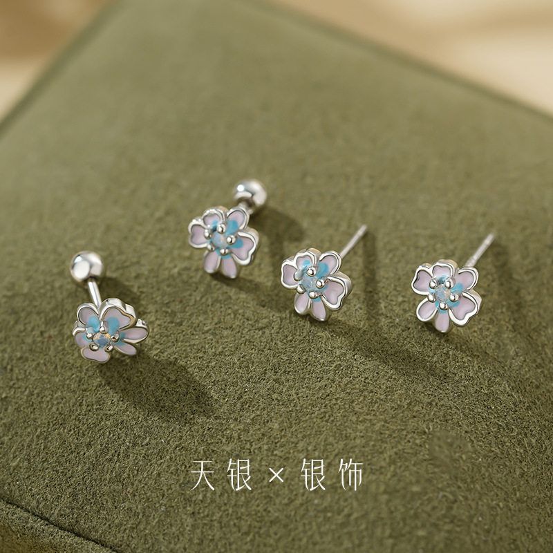 S925纯银花朵直针螺丝耳钉小清新复古森系淡雅小众温柔耳饰