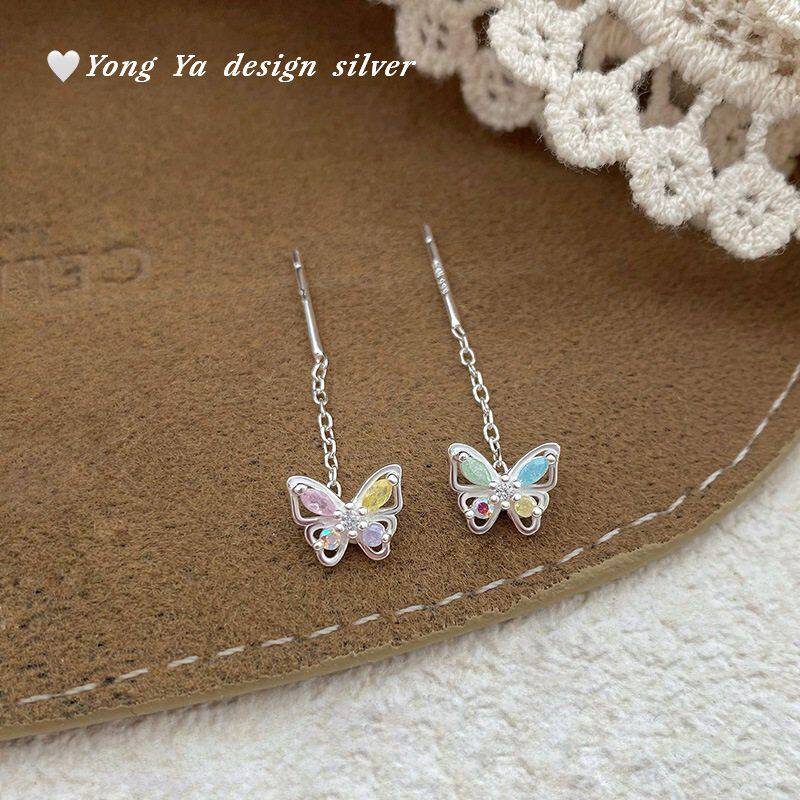 S999纯银彩钻蝴蝶耳线款清新秋季精美睡觉免摘时尚多巴胺耳饰