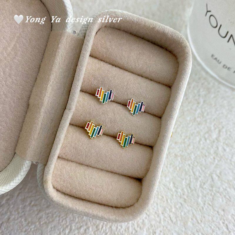 S999纯银足银爱心彩条耳钉简约时尚多巴胺彩色小众设计甜美耳饰