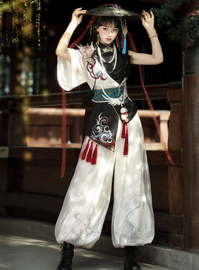 倚梦阁原创设计傩汉服女中国风汉元素上衣裤子腰封项链套装