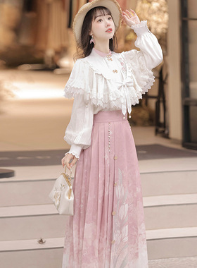 原创致郁金香汉服女中国风改良汉元素上衣半裙外披套装