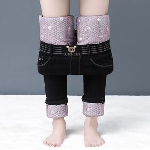 女外穿秋冬季 小脚裤 裤 加厚加绒棉裤 子高腰显瘦时尚 蚕丝牛仔加棉裤