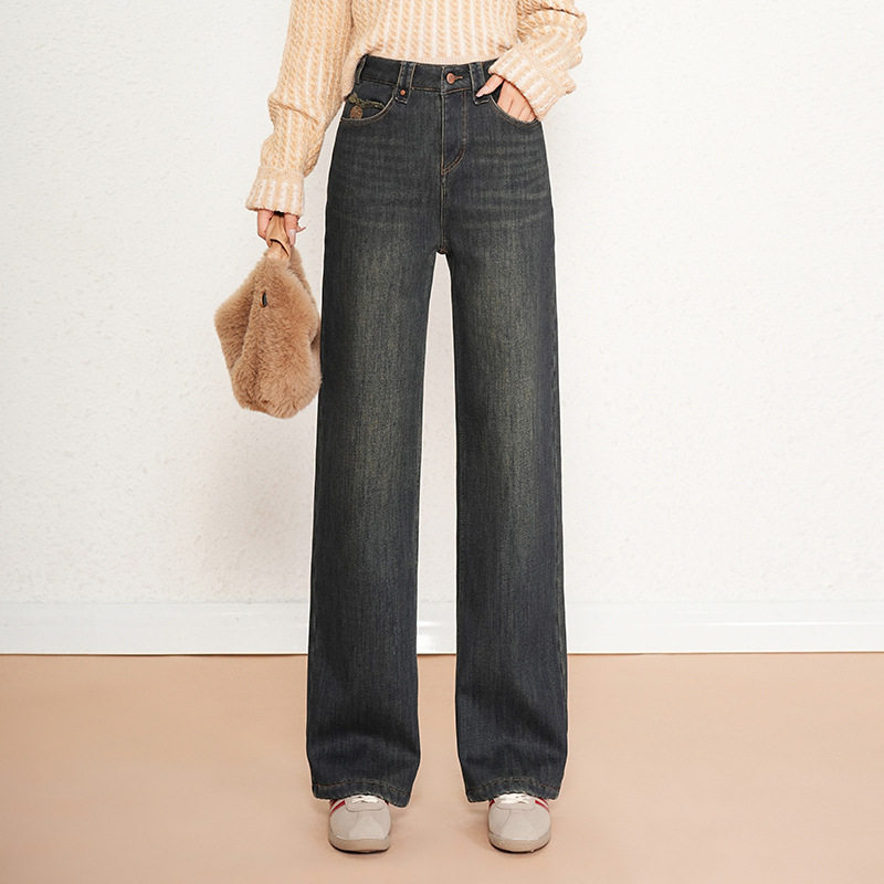 窄版牛仔阔腿裤女冬季2025保暖加绒加厚新款松紧高腰垂感直筒裤子
