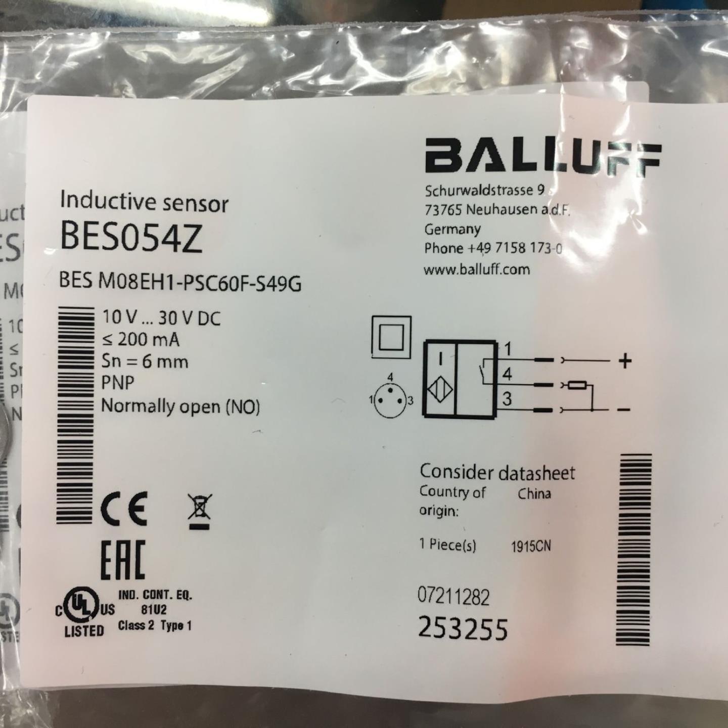 巴鲁夫BES M08EH1-PSC60F-S49G接近开关M8直流三线PNP常开BES054Z