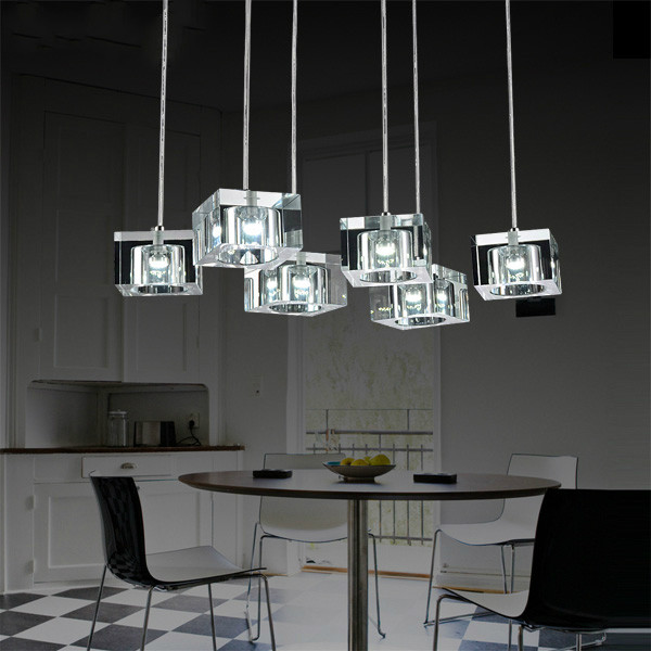 餐厅水晶吊灯轻奢水晶方块6头长方形饭厅灯3头饭桌灯前台吧台灯具