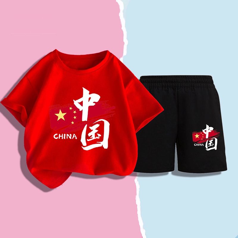 纯棉短袖套装国潮风五星中国班服表演服红男童女童棉T恤短裤2件装