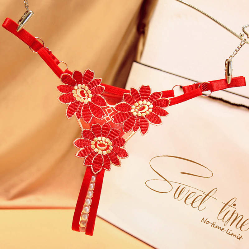 纯欲内裤女性感诱惑免脱丁字裤女低镂空花朵大码珍珠内裤调节扣