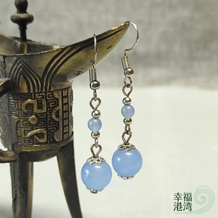 郑蓝玉髓双珠古装复古长款日常简约汉服洛云耳环耳夹气质饰品