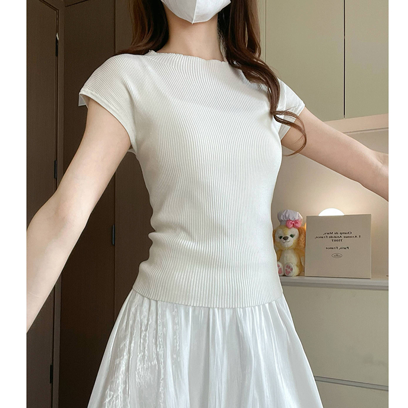 白色针织短袖t恤女夏季2025新款修身设计感小众气质显瘦短款上衣