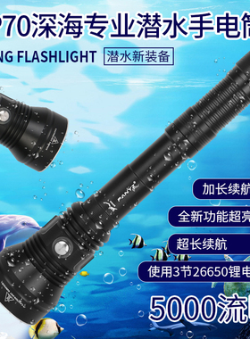 Panyz潜水手电筒进口XHP70超亮强光户外水底防水LED充电水下照明