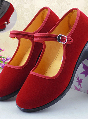 新款老北京布鞋酒红色妈妈舞蹈鞋方口一代女单鞋坡跟聚氨酯软底鞋