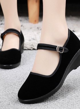 老北京女单鞋酒店餐厅工作鞋黑色平绒舞蹈鞋妈妈浅口防滑女布鞋春