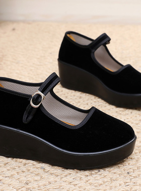 黑色工作鞋春秋新款老北京布鞋松糕厚底广场舞蹈鞋防滑耐磨女鞋子