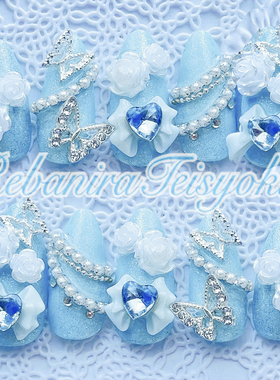 万霓穿戴甲水色量产型可爱浅蓝色珍珠美甲INS款复刻