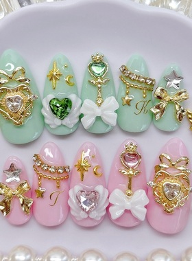 万霓穿戴甲可改色推し绿色粉色可爱日系量产型美甲INS款复刻