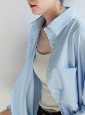 XINER 淡蓝长袖衬衫女慵懒风oversize不易皱2024年春季休闲衬衣