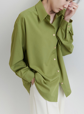XINER 果绿色超显白宽松衬衫女长袖小个子衬衣不易皱chic春季上衣