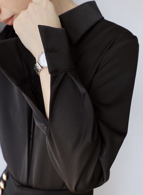 XINER 黑色衬衫女长袖哑光高级质感简约通勤上衣春季衬衣常规款