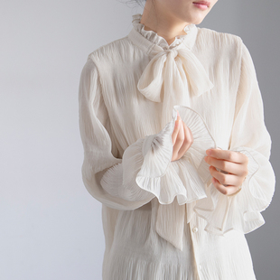 定制面料双层温柔女上衣秋冬 衬衫 XINER 压皱超仙蝴蝶结荷叶边长袖