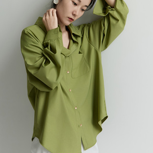 XINER 果绿色宽松衬衫女慵懒风显白不易皱oversize长袖休闲衬衣春