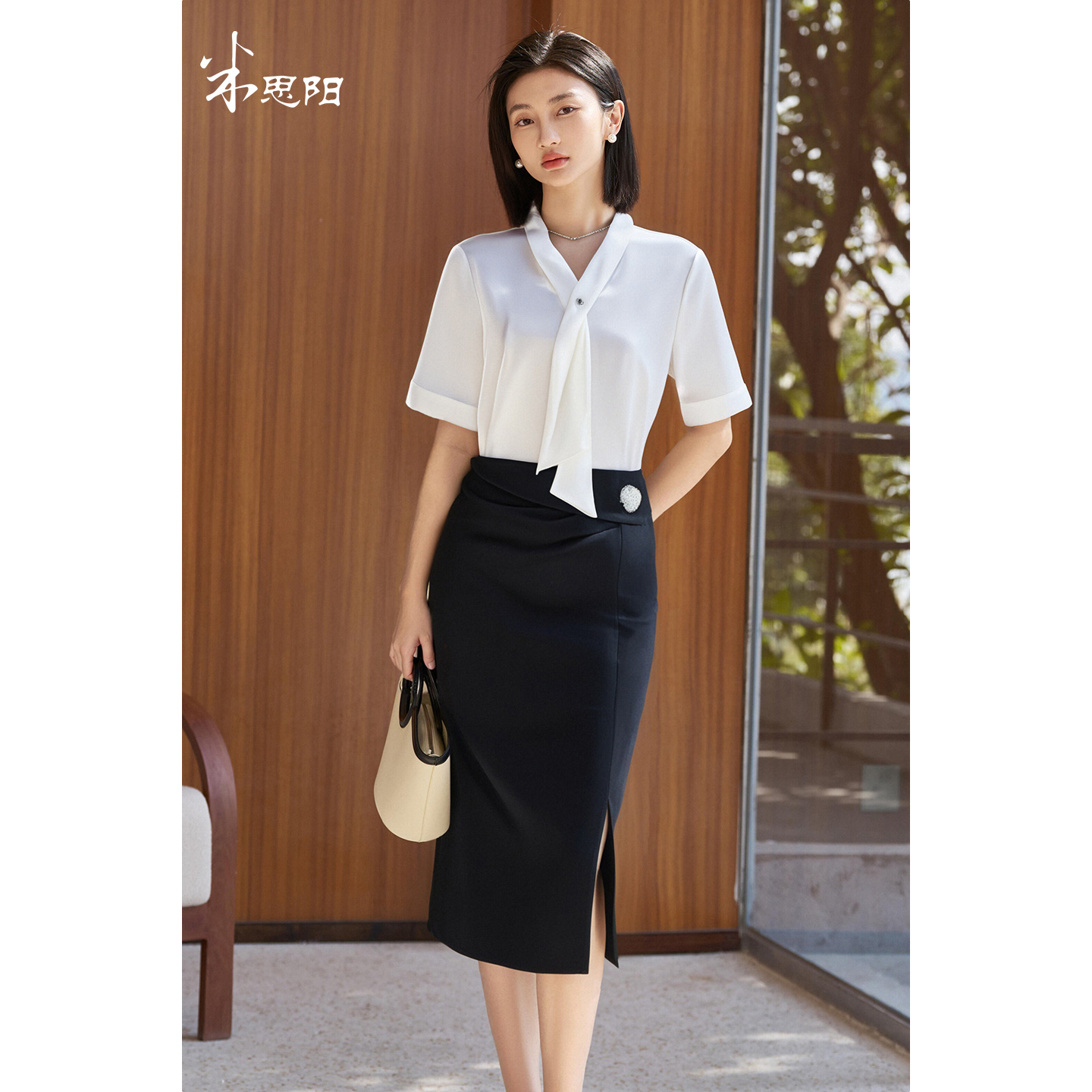 米思阳2025夏季新款设计感飘带领职业通勤衬衫褶皱显瘦半裙两件套