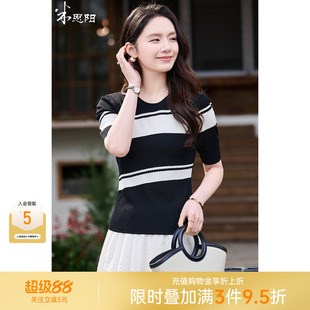 细闪金线 秒变纸片人米思阳2026夏季新款圆领条纹针织衫上衣T恤女