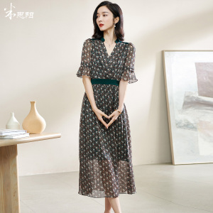 米思阳2026夏季新款气质淑女印花雪纺裙收腰荷叶袖中长连衣裙1083