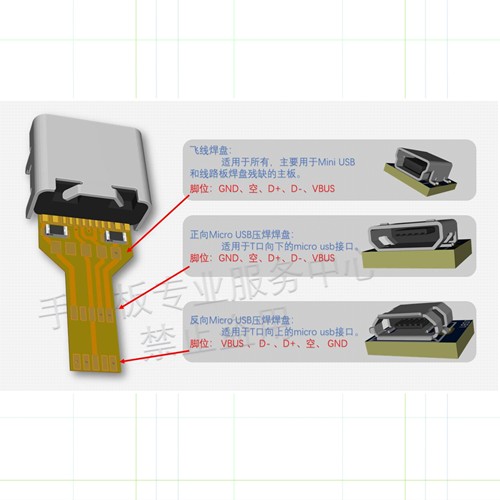 5P老安卓Micro、Mini USB接口DIY更改Type c接口反贴压焊转接板