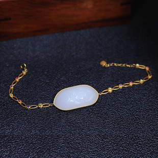 玉秀新疆金镶和田玉莲花手牌手链男女款定制苏工籽料羊脂玉带证书