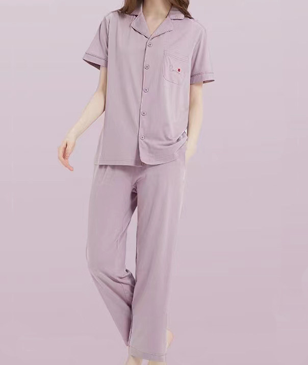竹纤维女半袖九分裤翻领对襟家居服、女装夏季女分体长裤睡衣