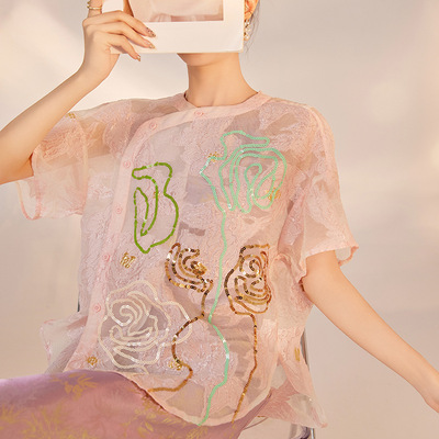 新中式高端刺绣短袖衬衫女夏季ZX