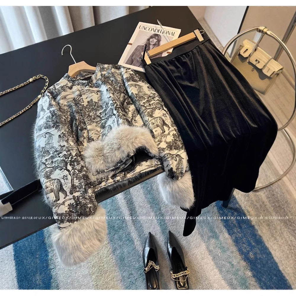 新中式拼接毛袖羽绒套装