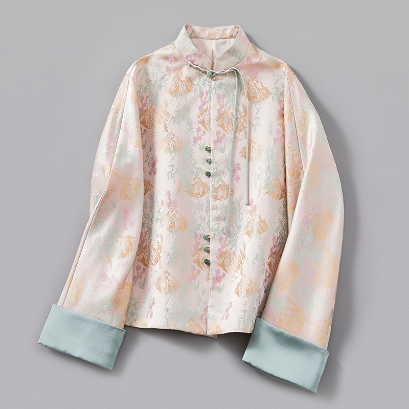 婵茶赋立领织锦汉服唐装上衣