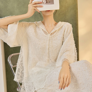 新款 新中式 女装 秋季 N7043 气质拼接钉珠连帽高端上衣半裙套装