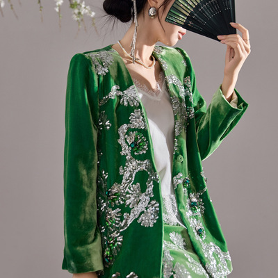 新中式真丝丝绒套装2025新款绿色
