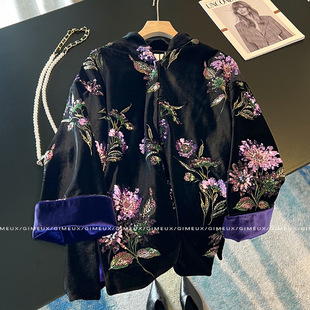 重工丝绒棉服外套紫里紫气珠片绣花朵2024冬款时尚加厚