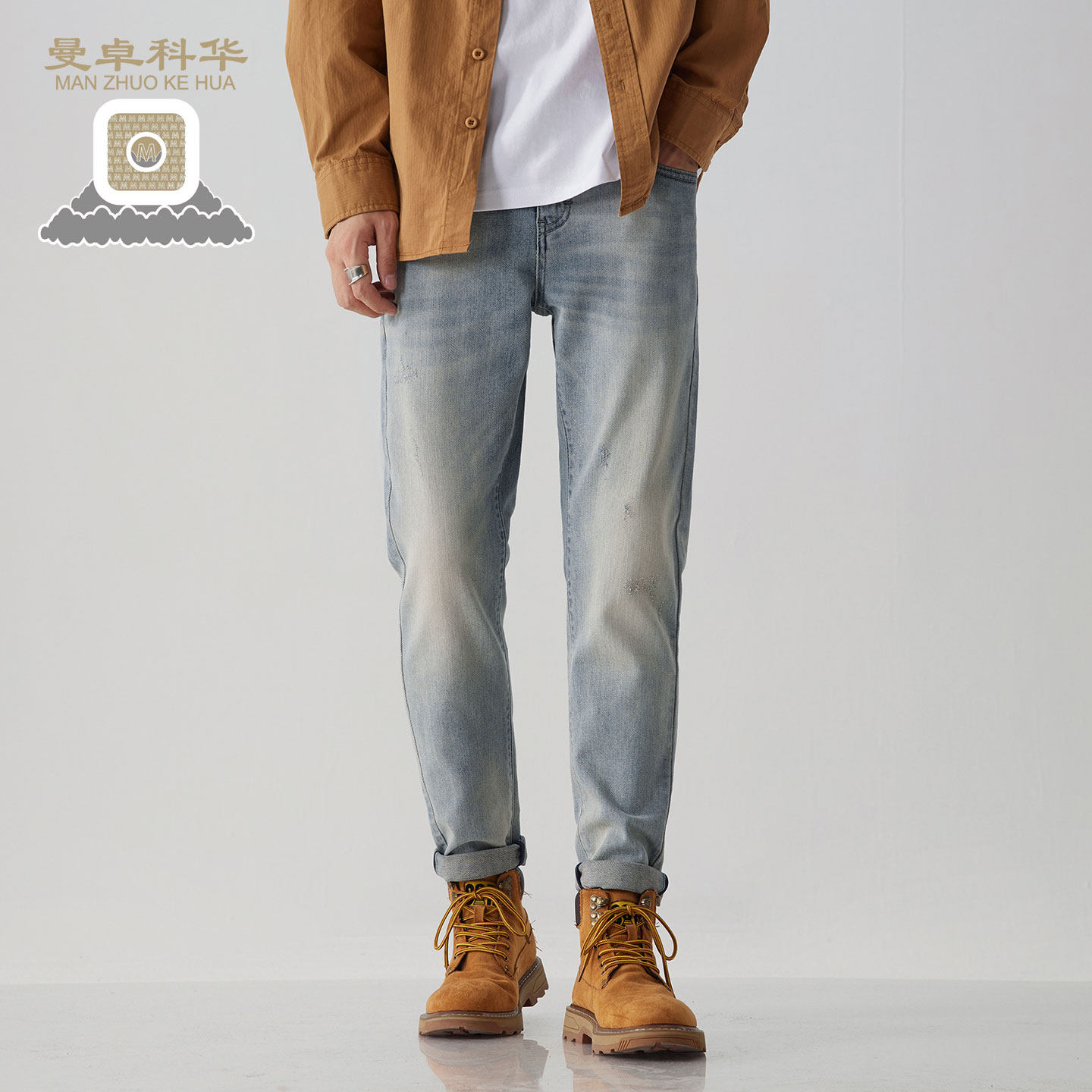 曼卓科华四季款休闲修身中腰铅笔裤男士日常通勤纯色弹力牛仔长裤