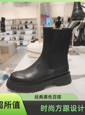 25年冬季时尚圆头厚底切尔西女靴潮ins英伦真皮烟筒马丁靴骑士靴