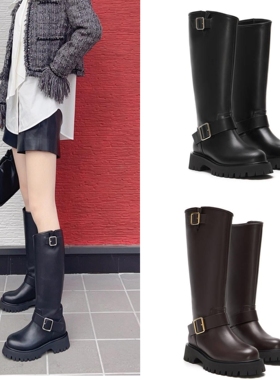25年新款皮带扣女士厚底牛皮高筒靴宽筒腿粗大筒长靴中长款套筒靴