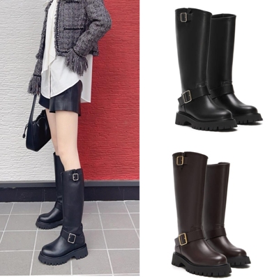 25年新款皮带扣女士厚底牛皮高筒靴宽筒腿粗大筒长靴中长款套筒靴